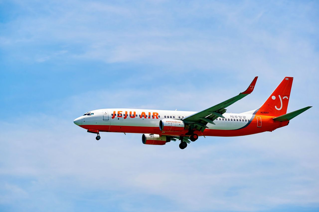 济州航空的波音飞机正在天空中飞行，体现韩国最大的廉价航空公司之一。