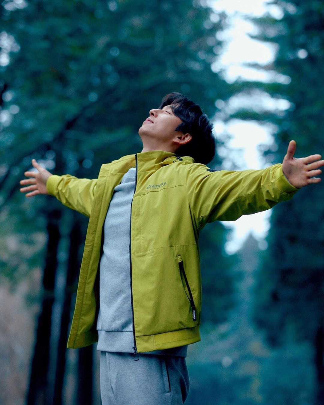 孔刘身穿Discovery户外服饰，立于森林小道边，以其坚定的侧影传达静谧中的力量感。