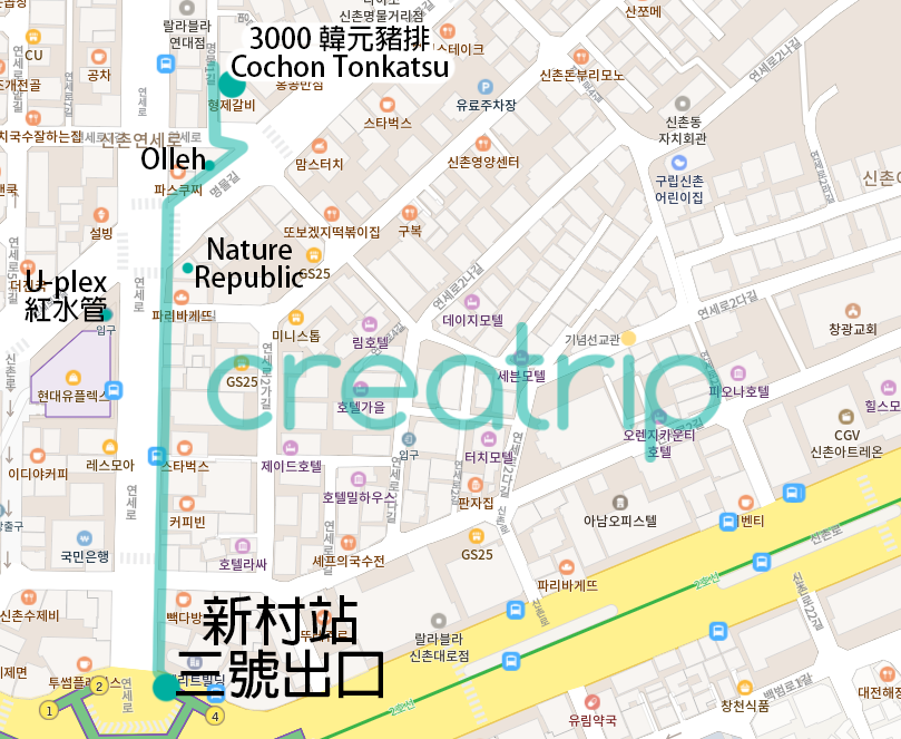首尔新村地区的地图标注着Cochon Tonkatsu（코숑돈까스）炸猪排店，箭头指引路径