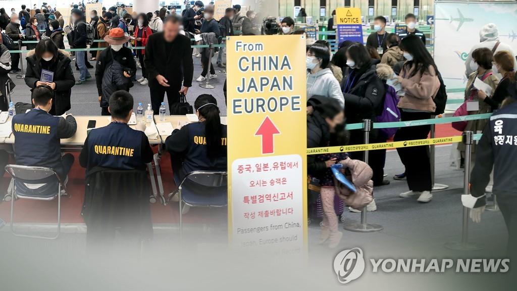 空港の到着エリアで特別検疫を実施している様子。中国、日本、ヨーロッパから来た乗客が検疫カウンターで手続きを受けている。多くの乗客が並んでおり、検疫スタッフが座って対応している。