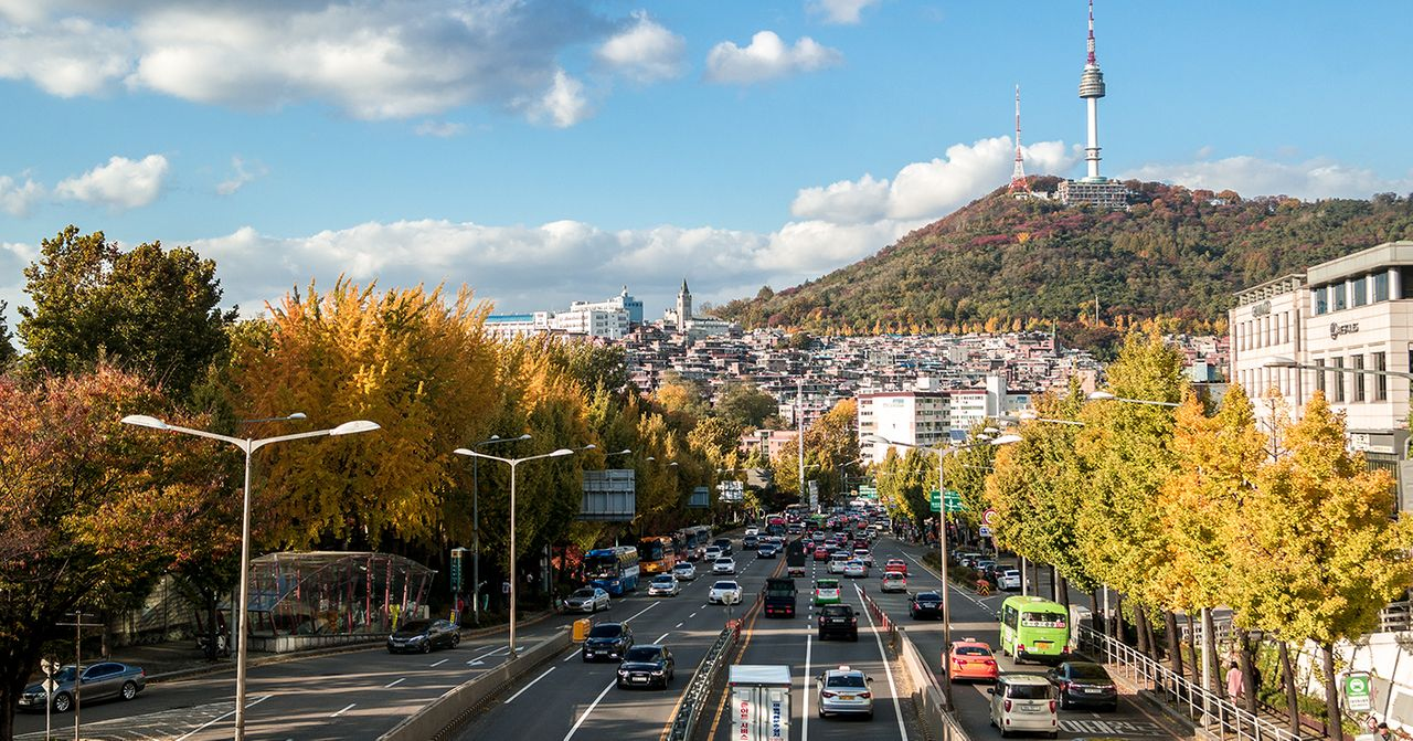 秋季的首爾市景，色彩渲染的樹葉與南山塔相映成趣，展現城市的美麗。