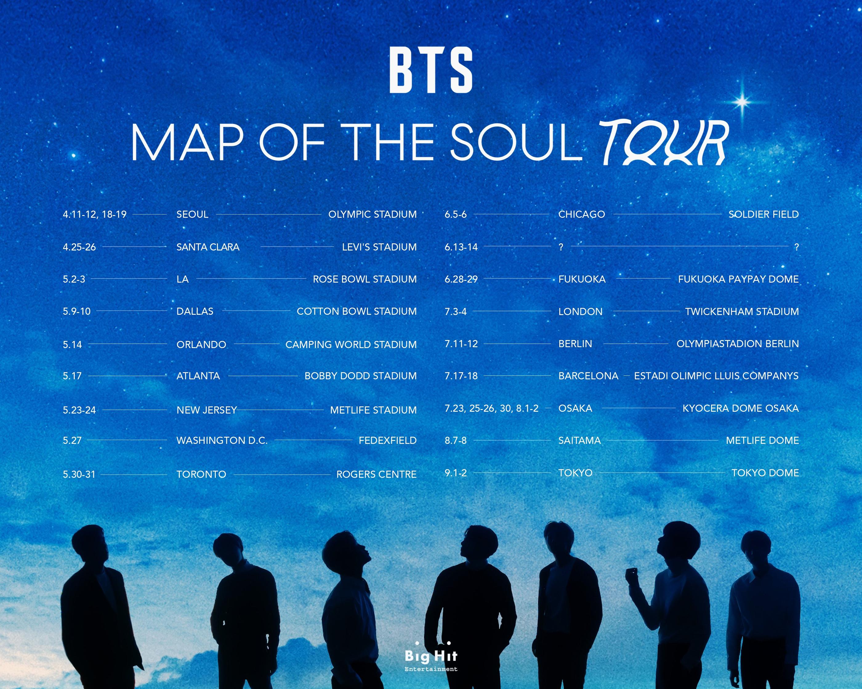 โปสเตอร์ทัวร์ Map Of The Soul ของ BTS ประกาศรายชื่อเมืองและวันที่จัดคอนเสิร์ตในหลายประเทศ รวมถึงเกาหลี ญี่ปุ่น สหรัฐอเมริกา อังกฤษ และอีกมากมาย