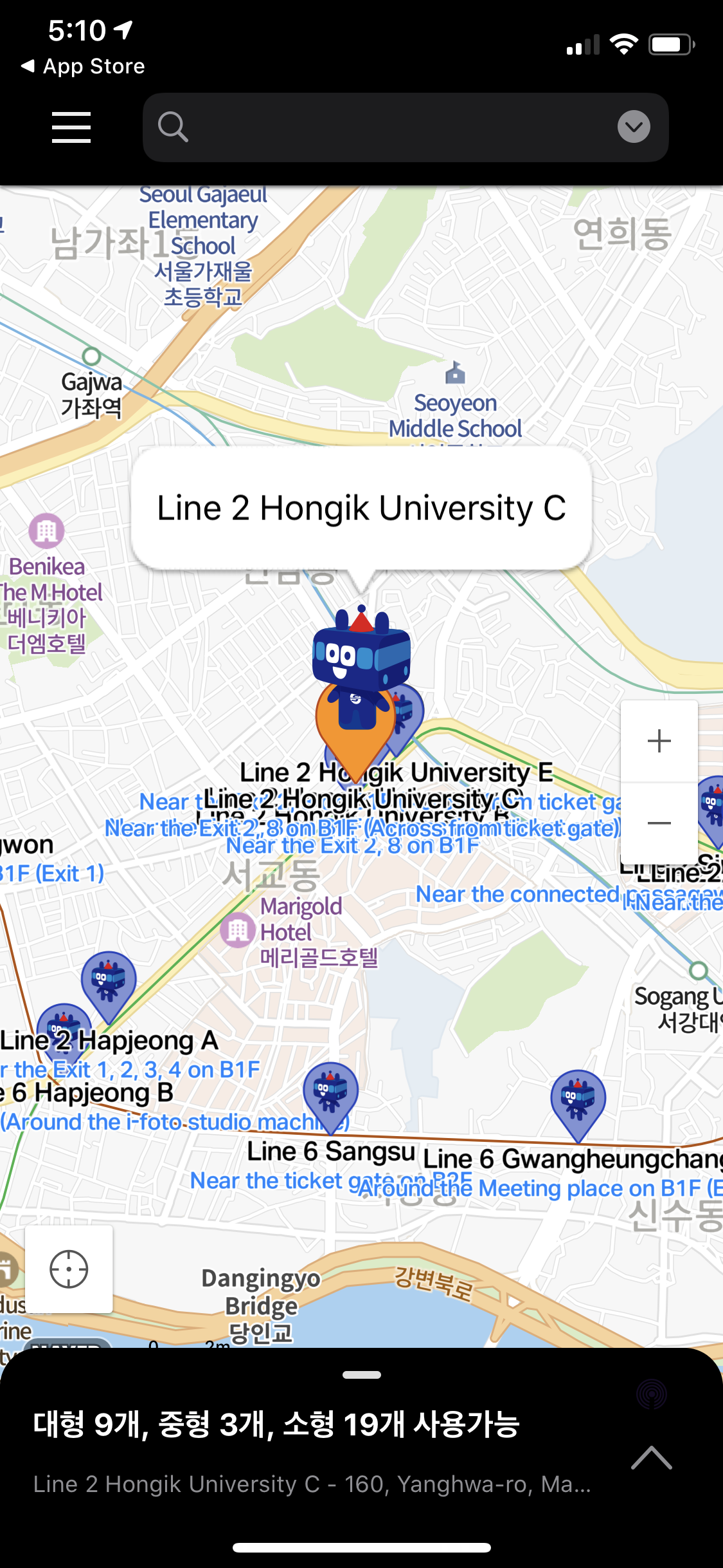T Locker 앱에서 보여지는 서울 지하철 근처 저장소 위치