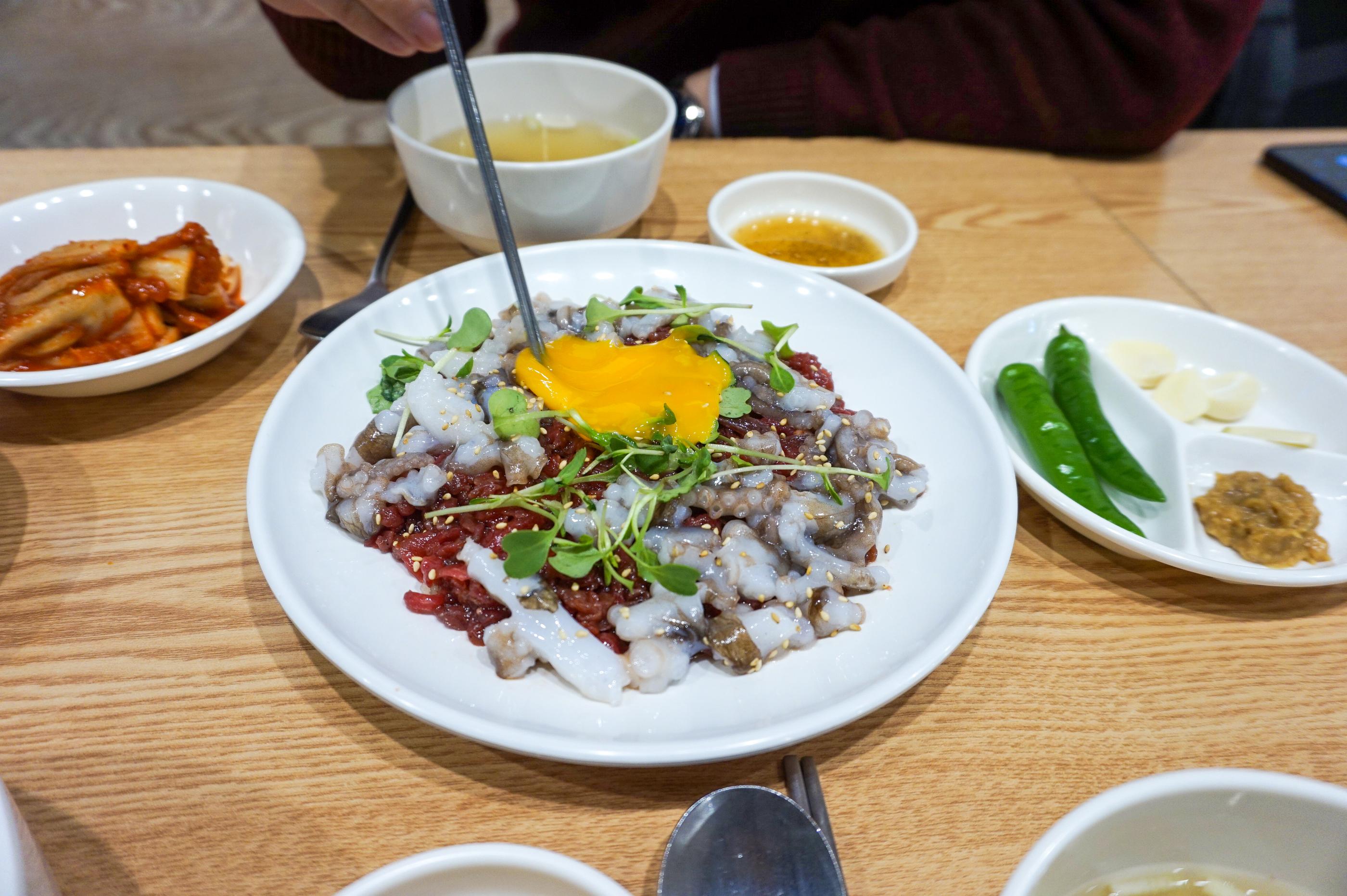Sungwoo Yookhui | Gwangjang Market, Flavourful raw beef and live baby octopus