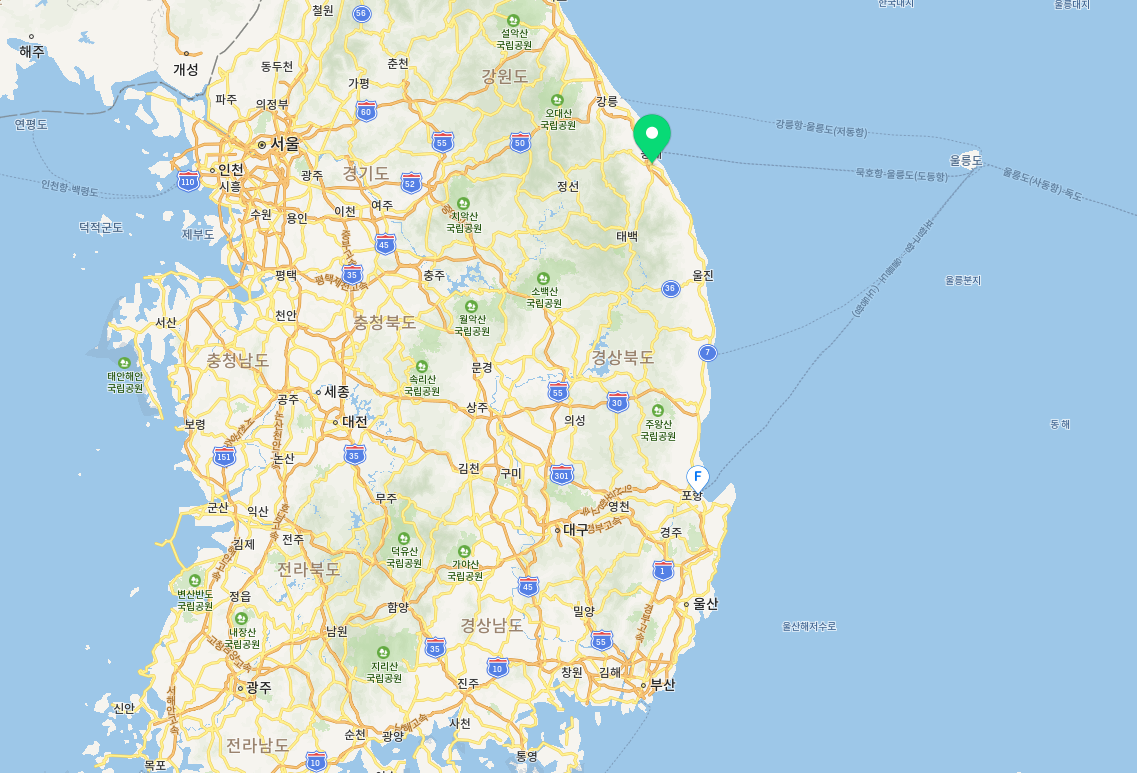 韓国の地図、東海岸と新しいKTX路線を示す位置情報