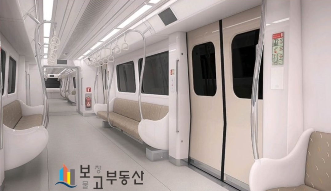 キンポゴールドラインの列車内装。モダンで清潔なデザインが特徴の車内の様子です。