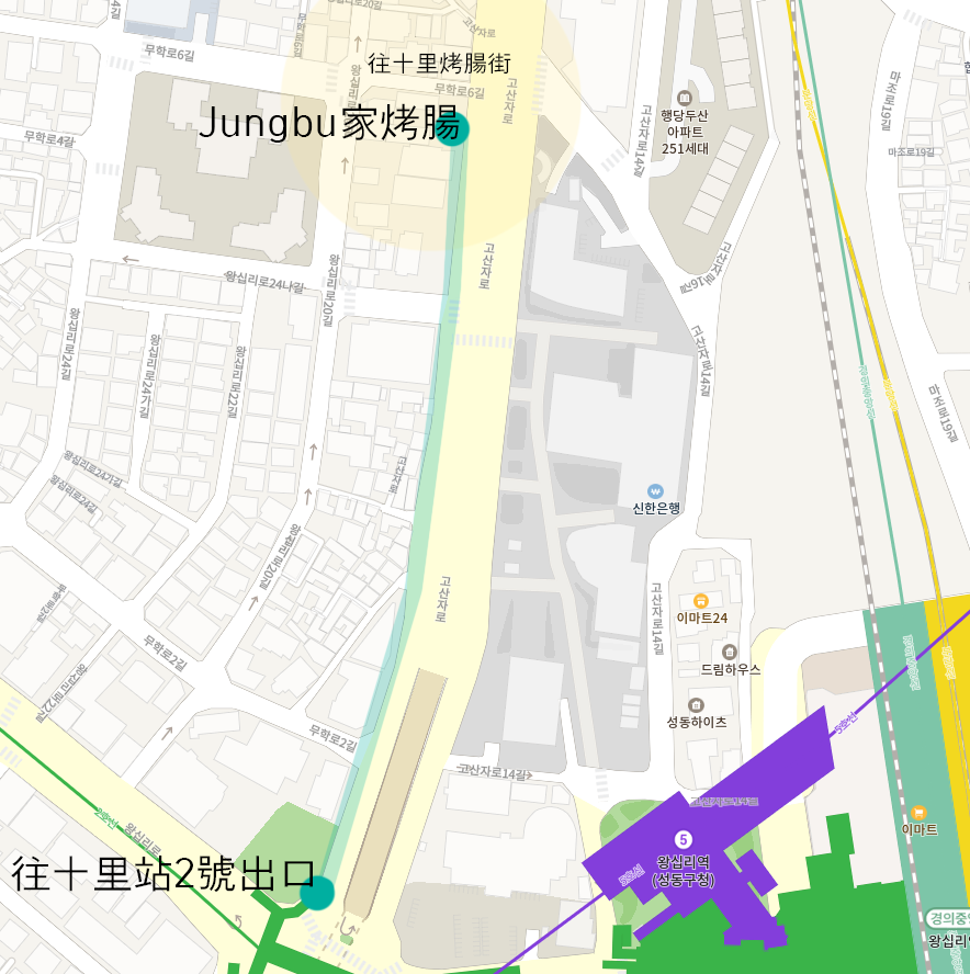 地圖上顯示韓國首爾地方Jungbu家烤腸的精確位置及附近地區，方便觀光客找到這家受歡迎的烤腸店。