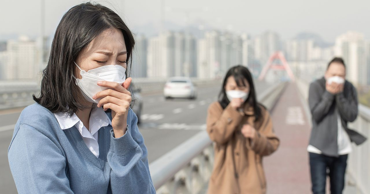 在韓國疫情期間，社會中出現戴著口罩的人們。