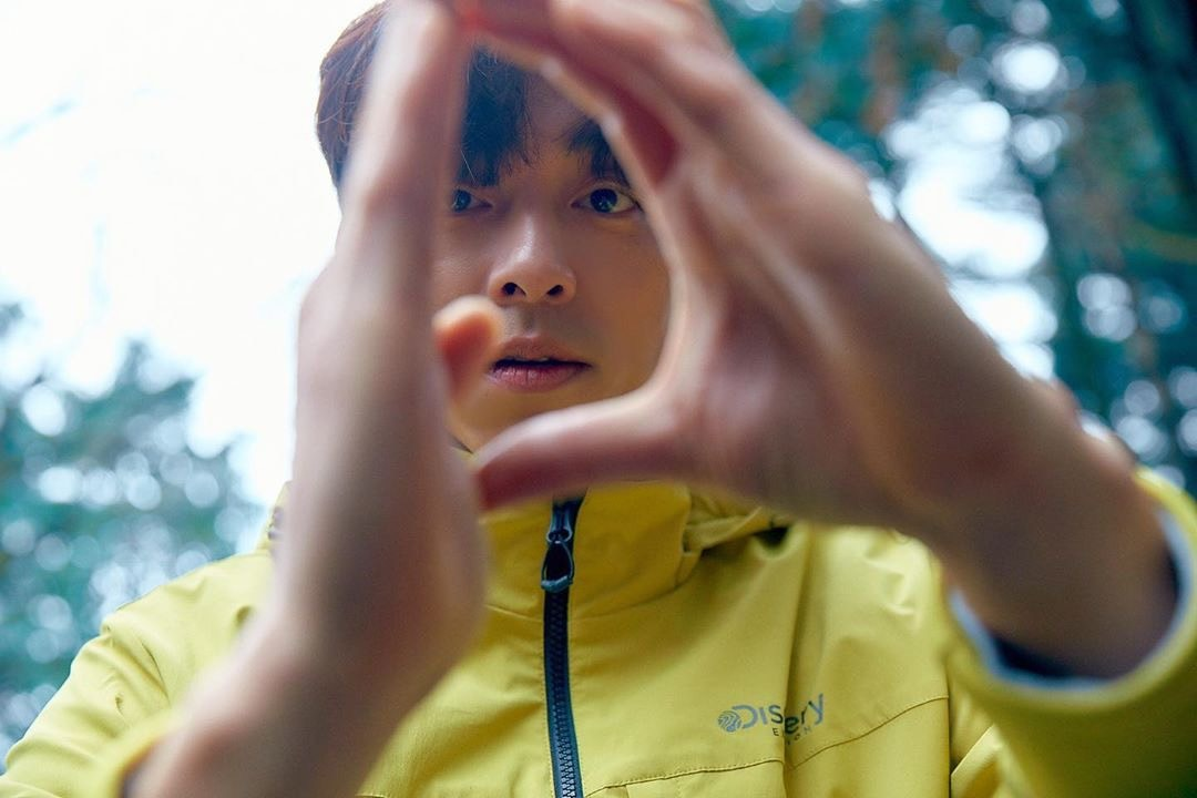 孔刘伸展双臂接受阳光，身着Discovery运动服显出秋季的温暖与活力，身处充满生机的森林环境。