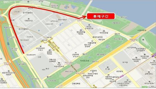 汝矣島の桜道を含む統制区間の地図。通行が制限されるエリアが赤く表示されている。