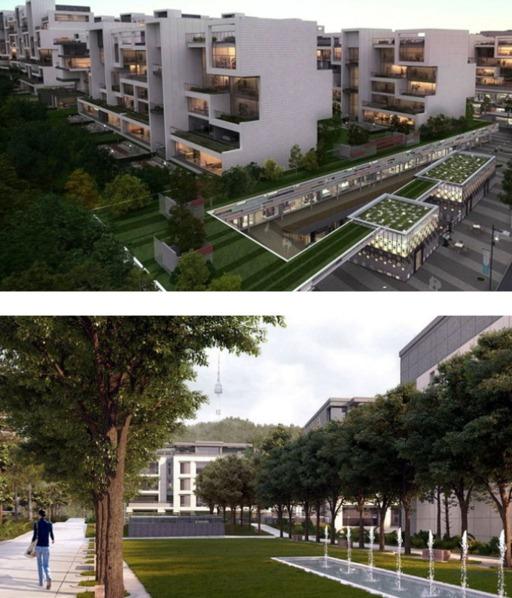 ナインワン漢南全体の外観とコミュニティ施設が設けられている庭園のイメージ