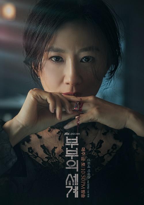 韓国ドラマ『夫婦の世界』の公式ポスター。主演キャラクターが黒いレースの服を着た印象的なポーズで手を組んでいる場面が描かれている。