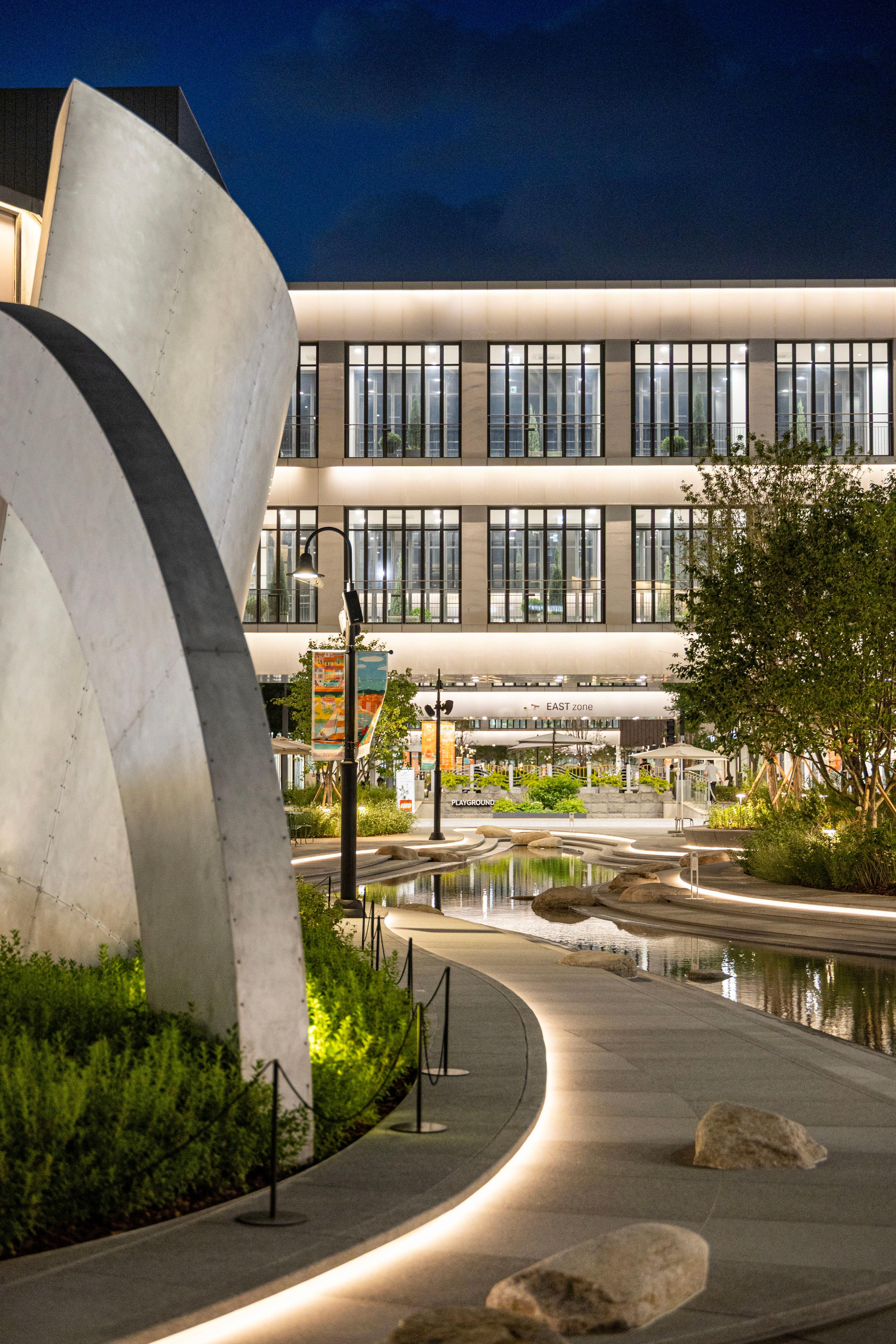 Nighttime architecture and garden