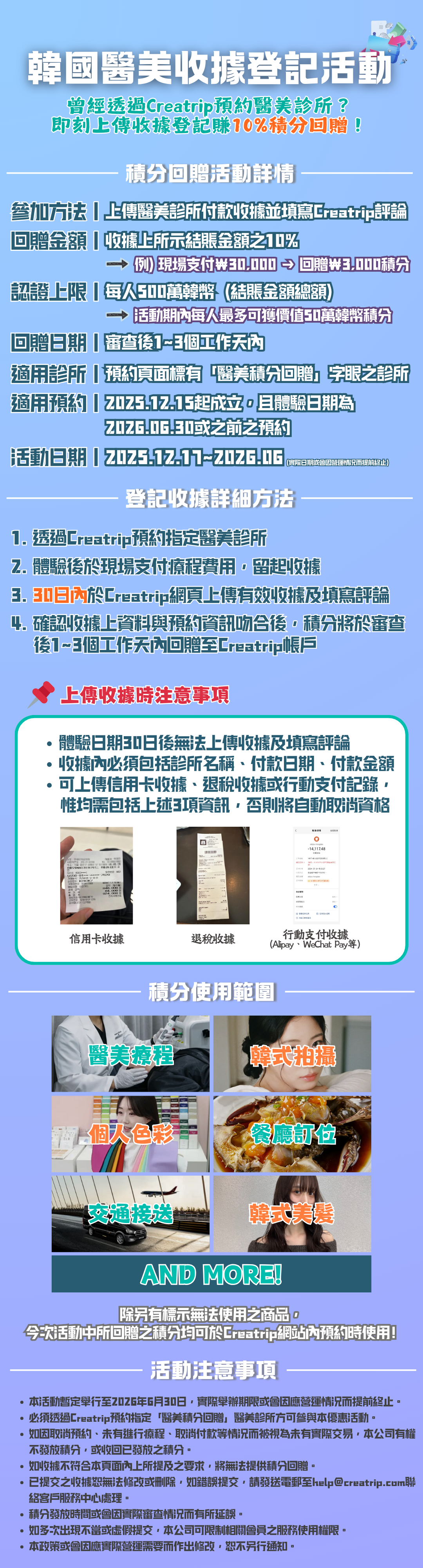 韓國醫美收據登記活動 曾經透過Creatrip預約醫美診所？ 即刻上傳收據登記賺10%積分回贈！ 積分回贈活動詳情 參加方法 回贈金額 認證上限 回贈日期 適用診所 上傳醫美診所付款收據並填寫Creatrip評論 收據上所示結賬金額之10% 每人500萬韓幣  (結賬金額總額) 活動日期 例) 現場支付₩30,000 → 回贈₩3,000積分 活動期內每人最多可獲價值50萬韓幣積分 預約頁面標有「醫美積分回贈」字眼之診所 登記收據詳細方法 1. 透過Creatrip預約指定醫美診所 2. 體驗後於現場支付療程費用，留起收據 3. 30日內於Creatrip網頁上傳有效收據及填寫評論 4. 確認收據上資料與預約資訊吻合後，積分將於審查     後1~3個工作天內回贈至Creatrip帳戶 上傳收據時注意事項 體驗日期30日後無法上傳收據及填寫評論 收據內必須包括診所名稱、付款日期、付款金額 可上傳信用卡收據、退稅收據或行動支付記錄，       惟均需包括上述3項資訊，否則將自動取消資格 活動注意事項 本活動暫定舉行至2026年6月30日，實際舉辦期限或會因應營運情況而提前終止。 必須透過Creatrip預約指定「醫美積分回贈」醫美診所方可參與本優惠活動。 如因取消預約、未有進行療程、取消付款等情況而被視為未有實際交易，本公司有權不發放積分，或收回已發放之積分。 如收據不符合本頁面內上所提及之要求，將無法提供積分回贈。 已提交之收據恕無法修改或刪除，如錯誤提交，請發送電郵至help@creatrip.com聯絡客戶服務中心處理。 積分發放時間或會因實際審查情況而有所延誤。 如多次出現不當或虛假提交，本公司可限制相關會員之服務使用權限。 本政策或會因應實際營運需要而作出修改，恕不另行通知。 信用卡收據 退稅收據 行動支付收據 (Alipay、WeChat  Pay等) 積分使用範圍 醫美療程 餐廳訂位 交通接送 韓式拍攝 個人色彩 韓式美髮 除另有標示無法使用之商品， 今次活動中所回贈之積分均可於Creatrip網站內預約時使用! 活動注意事項 本活動暫定舉行至2026年6月30日，實際舉辦期限或會因應營運情況而提前終止。 必須透過Creatrip預約指定「醫美積分回贈」醫美診所方可參與本優惠活動。 如因取消預約、未有進行療程、取消付款等情況而被視為未有實際交易，本公司有權不發放積分，或收回已發放之積分。 如收據不符合本頁面內上所提及之要求，將無法提供積分回贈。 已提交之收據恕無法修改或刪除，如錯誤提交，請發送電郵至help@creatrip.com聯絡客戶服務中心處理。 積分發放時間或會因實際審查情況而有所延誤。 如多次出現不當或虛假提交，本公司可限制相關會員之服務使用權限。 本政策或會因應實際營運需要而作出修改，恕不另行通知。