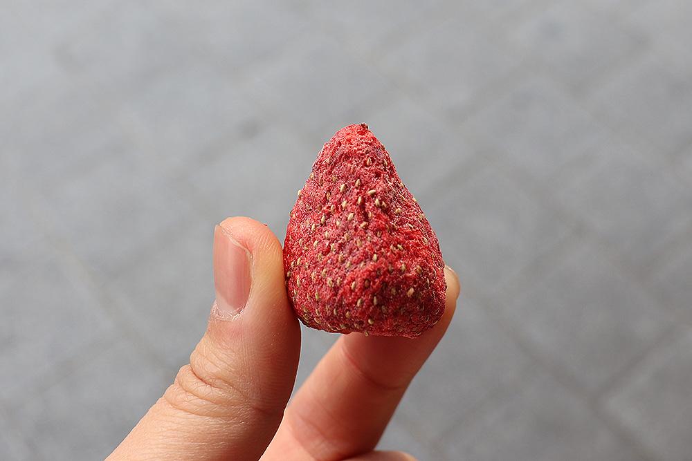 Hand holding dried Korean strawberries from Jangan Sangsa, with natural sweetness and reddish color of carmine.