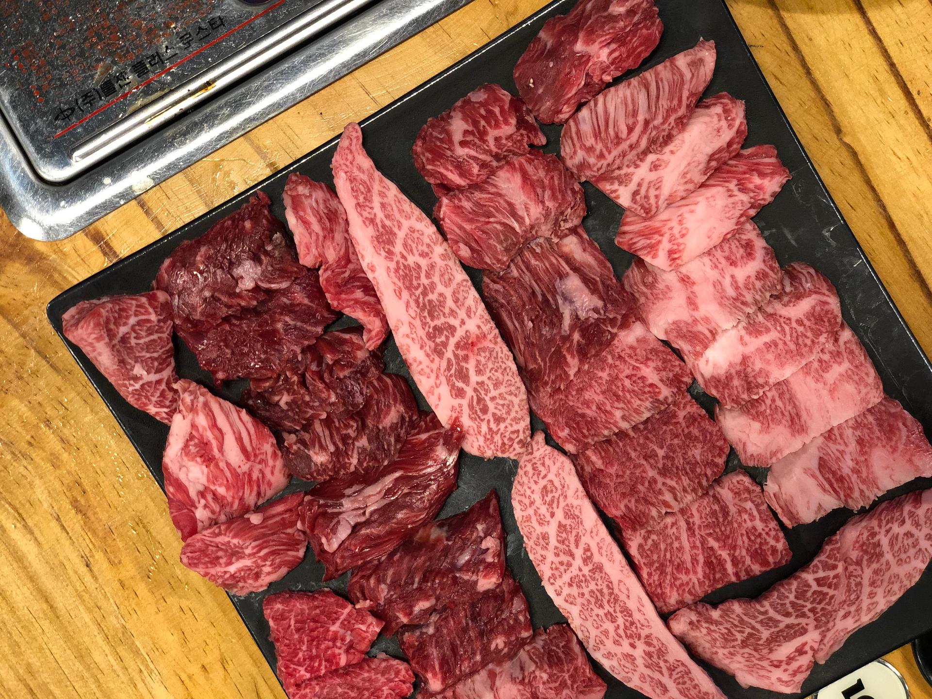 Delicious assortment of beef charcuterie including Mettwurst, Fuet and Salami from 마장골 in Seoul, Korea.