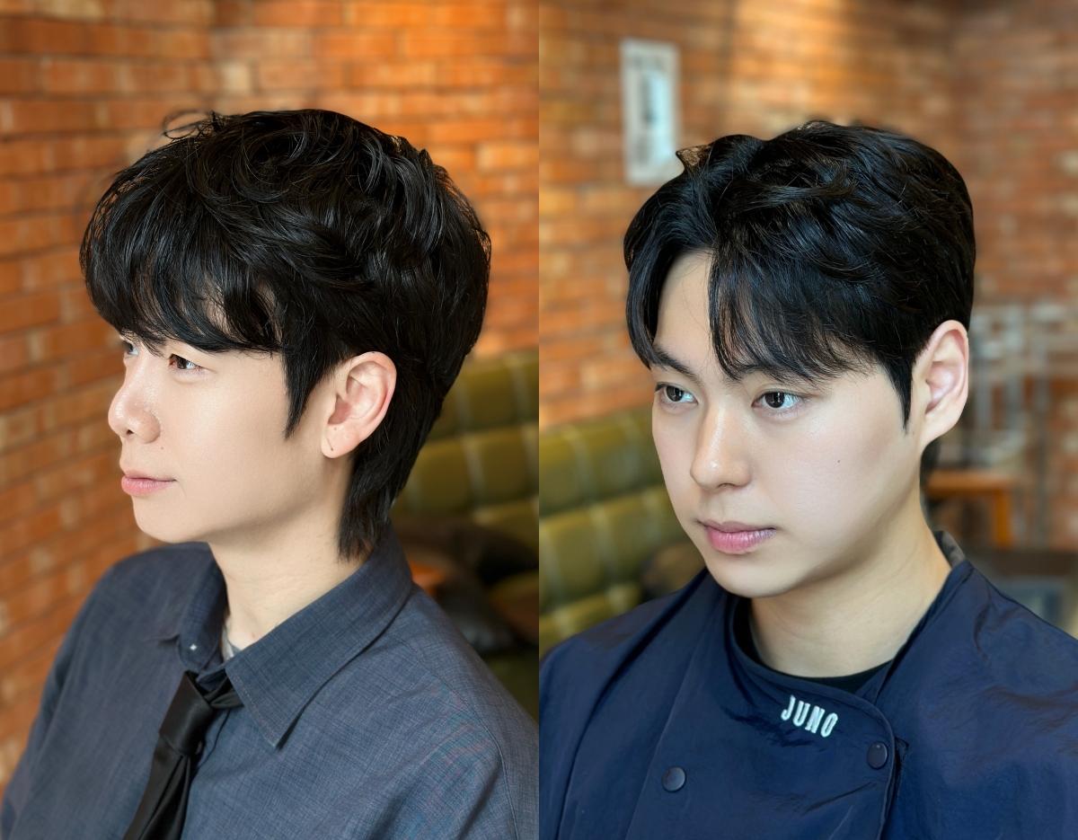 JUNO HAIR before-and-after split image showing a male customer's dark wavy layered cut refined and styled against a brick salon interior