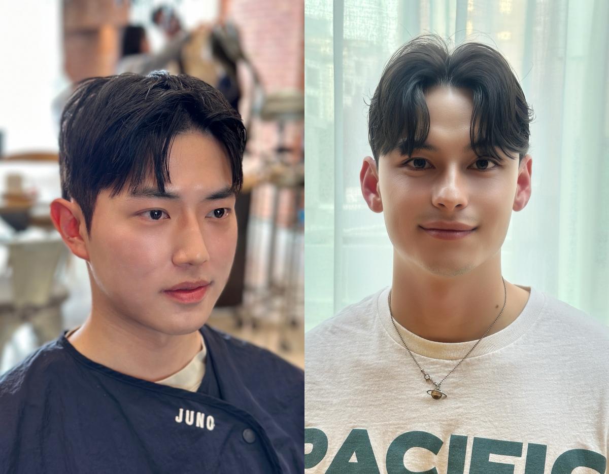 split before-and-after portrait showing a male client with short dark layered haircut in JUNO HAIR salon, wearing salon cape and necklace