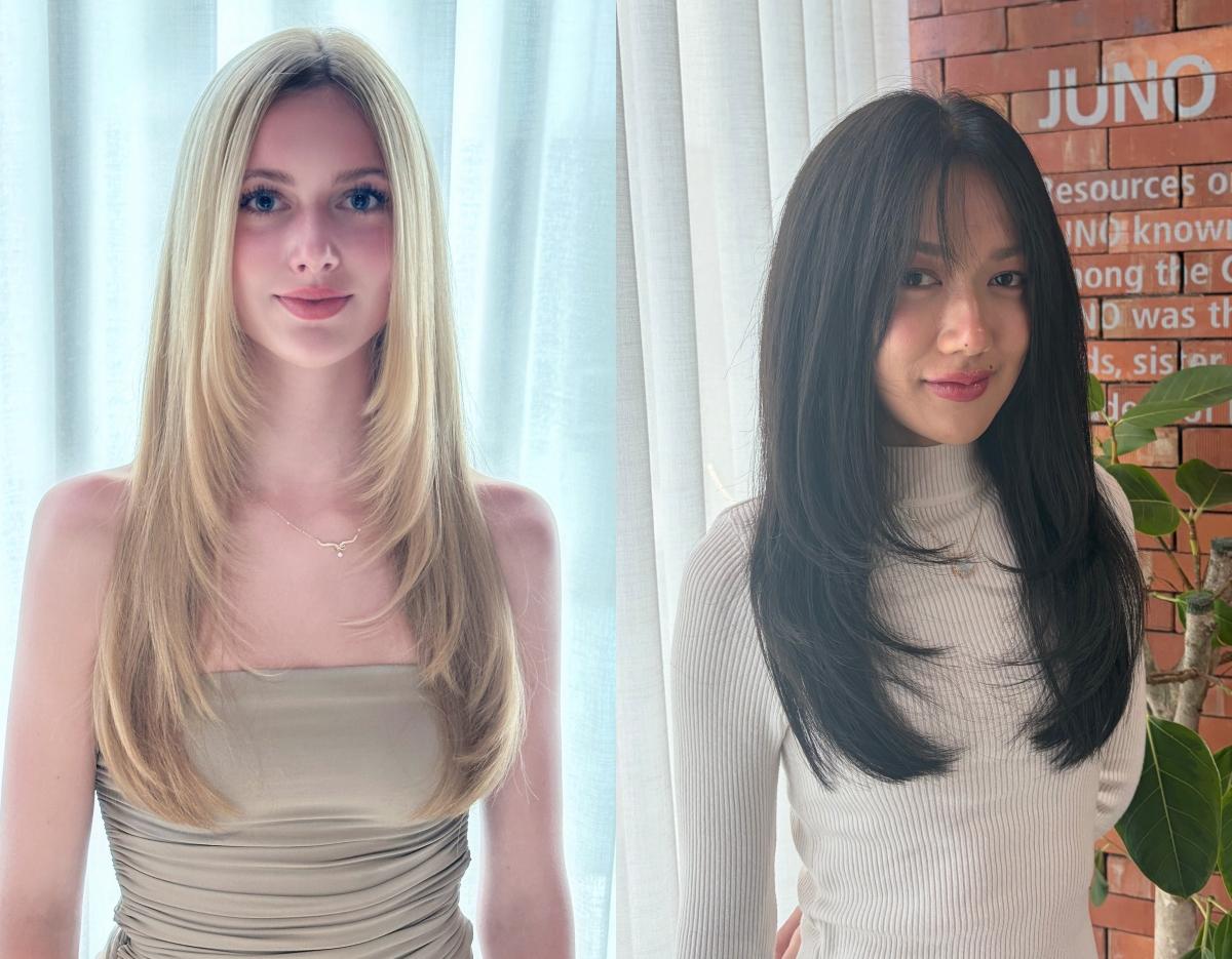 JUNO HAIR salon before-and-after style: two women with long layered hair—left blonde with curtain bangs, right dark brown sleek layers.