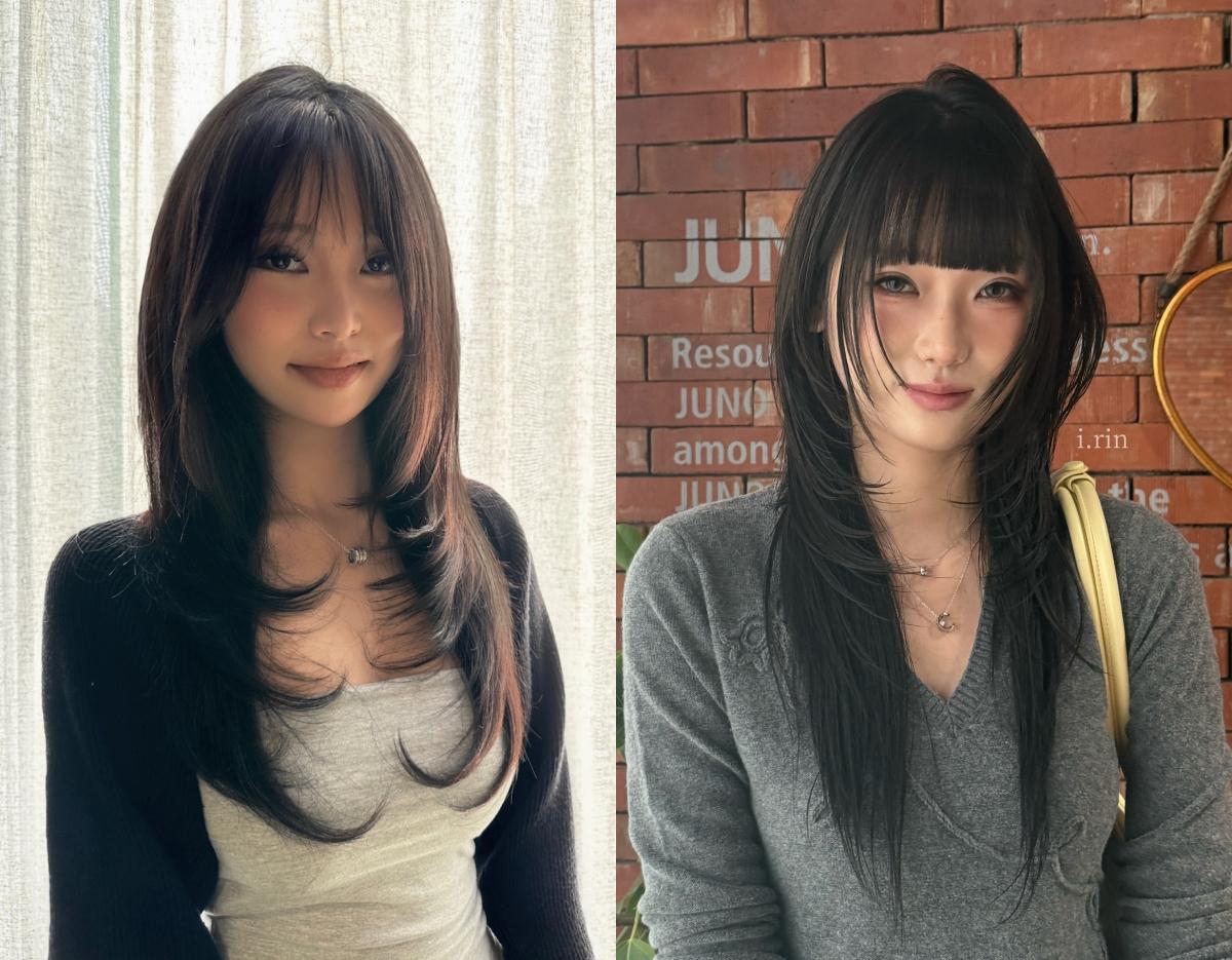 JUNO HAIR before-and-after: split image showing layered long black haircut with feathered ends and soft curtain bangs on left, sleeker long layers on right.