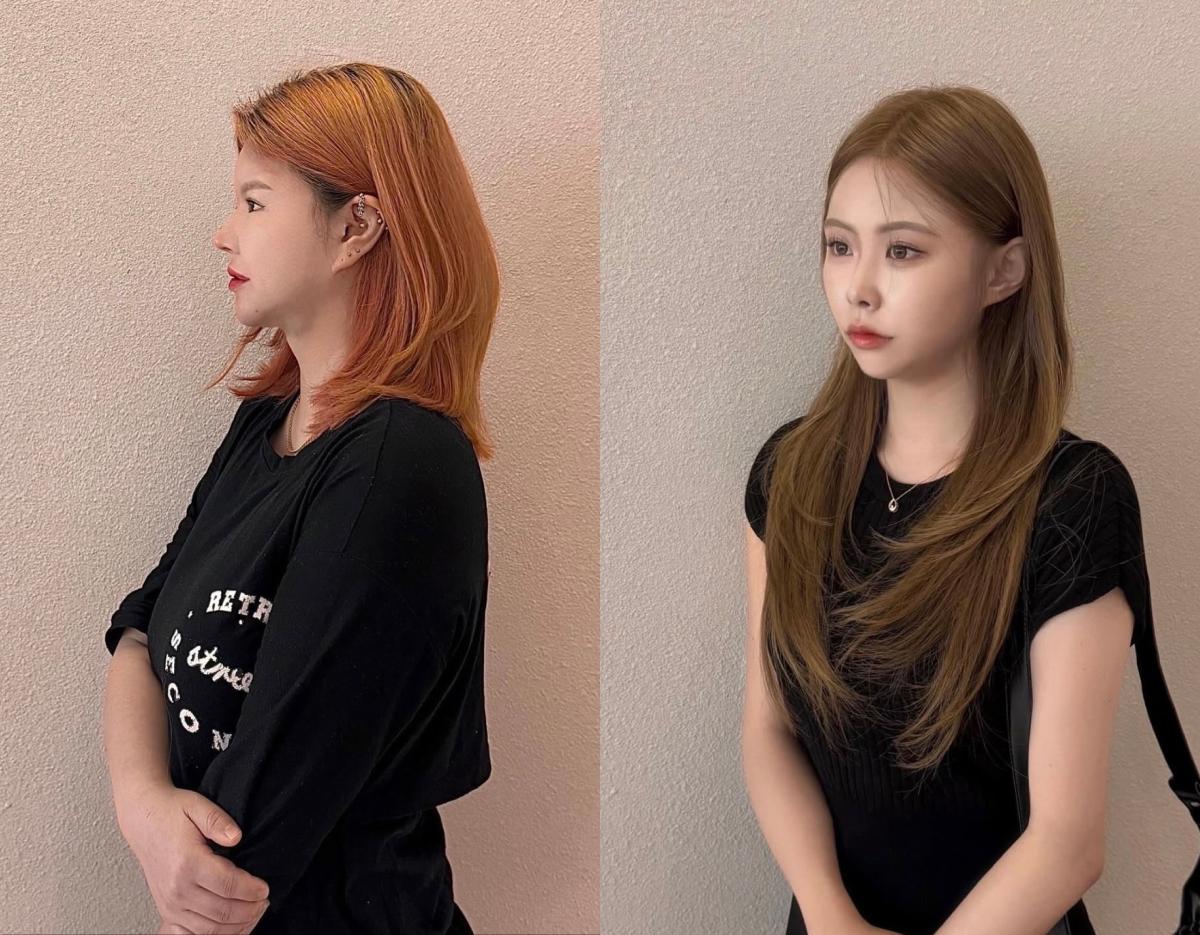 Side-by-side salon before-and-after: left shoulder-length orange bob, right long smooth light brown layered hairstyle at JUNO HAIR Centum City Branch