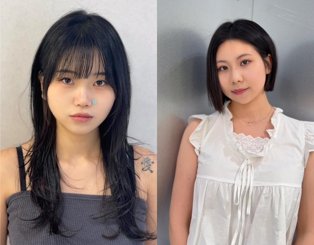 before-and-after photo showing long layered black hair on left and a sleek chin-length bob on right at JUNO HAIR Centum City Branch