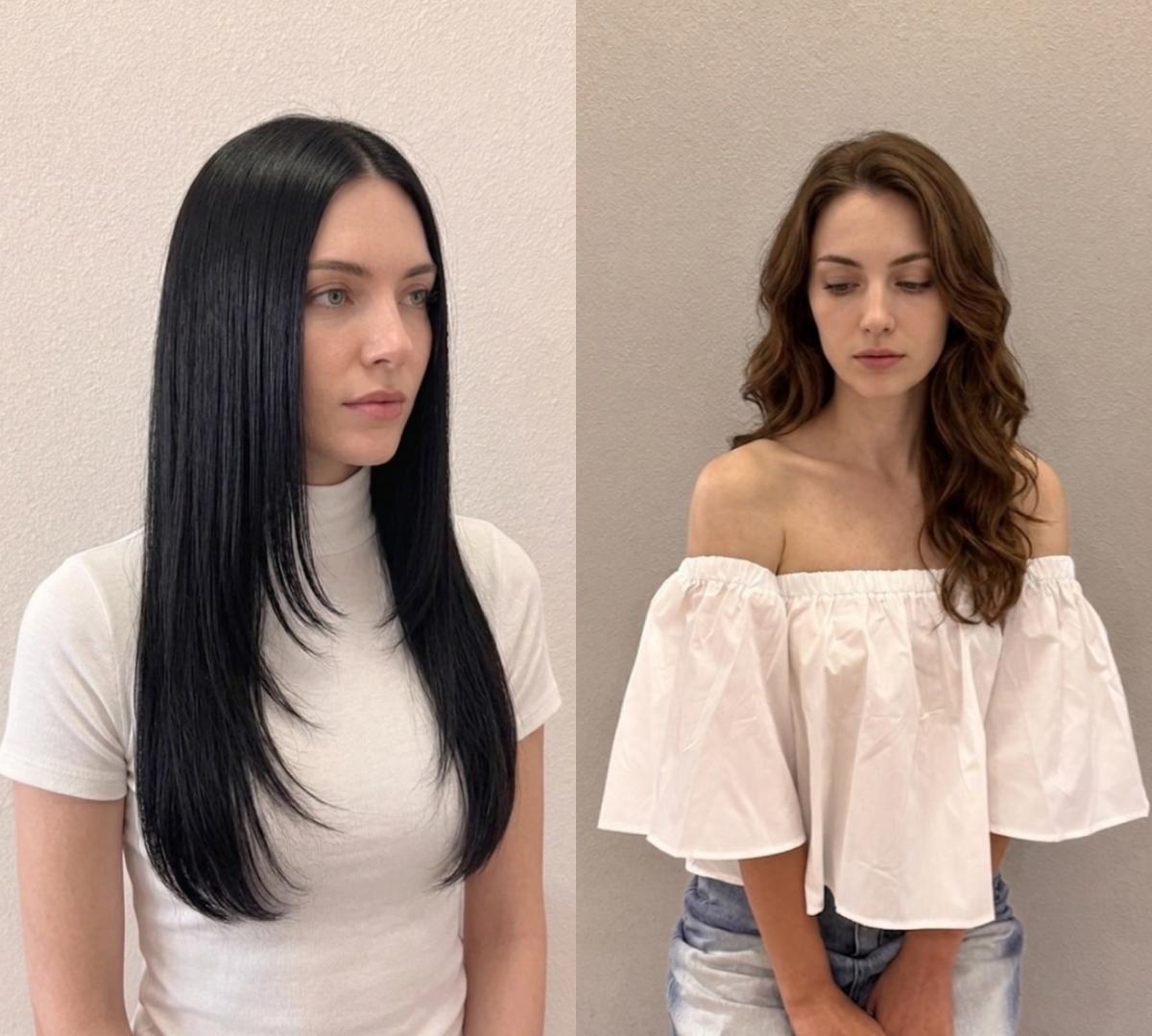 split before-and-after display with left model in straight long black hair and turtleneck, right model with long wavy brown hair and off-shoulder white top