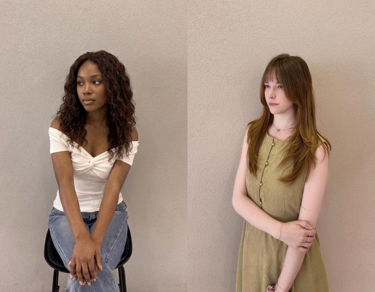 Two women with blurred faces showing different hairstyles: left seated with dark curly hair and white top, right standing with long layered light brown hair and green dress