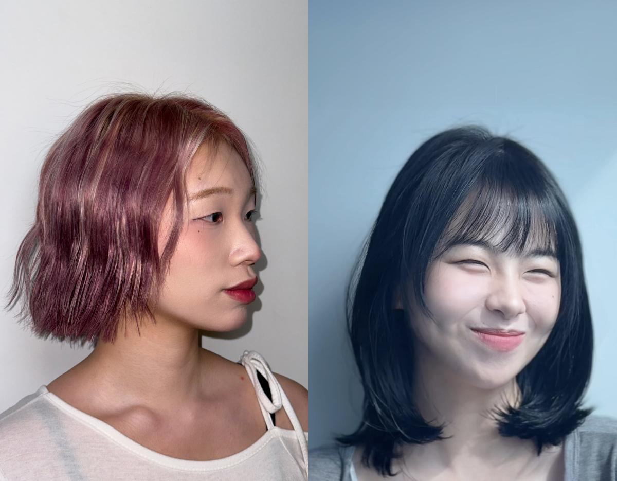 left profile of person with wavy pastel purple bob; right image of person with straight dark shoulder-length hair with flipped ends