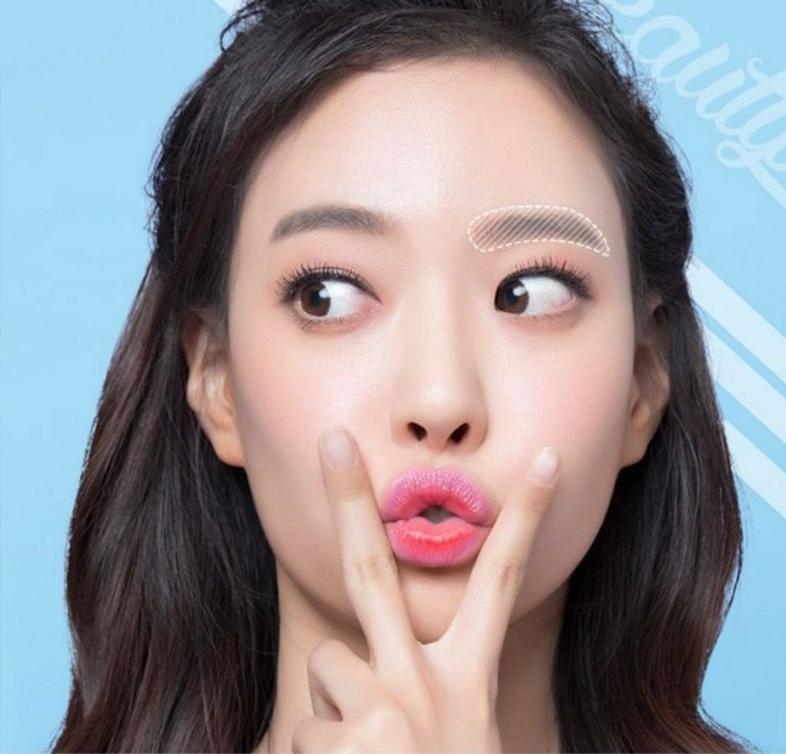 Model receiving skincare and semi-permanent eyebrow treatment in Seoul's Hongdae, showcasing flawless forehead, nose, cheek, lip, and chin with striking eyelashes and bold lipstick.