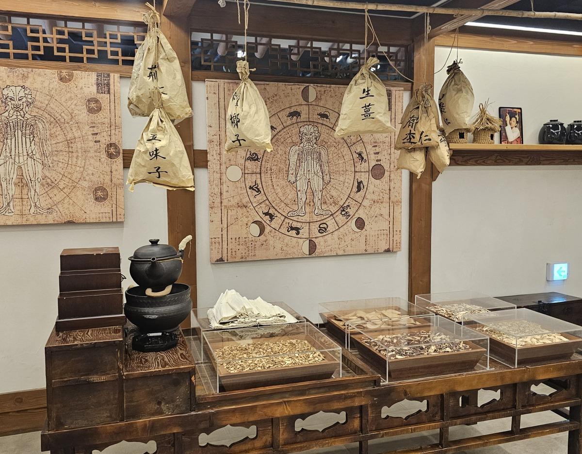 Traditional herbal medicine display with hanging paper sacks, wooden drawers, jars and trays of dried roots and herbs.