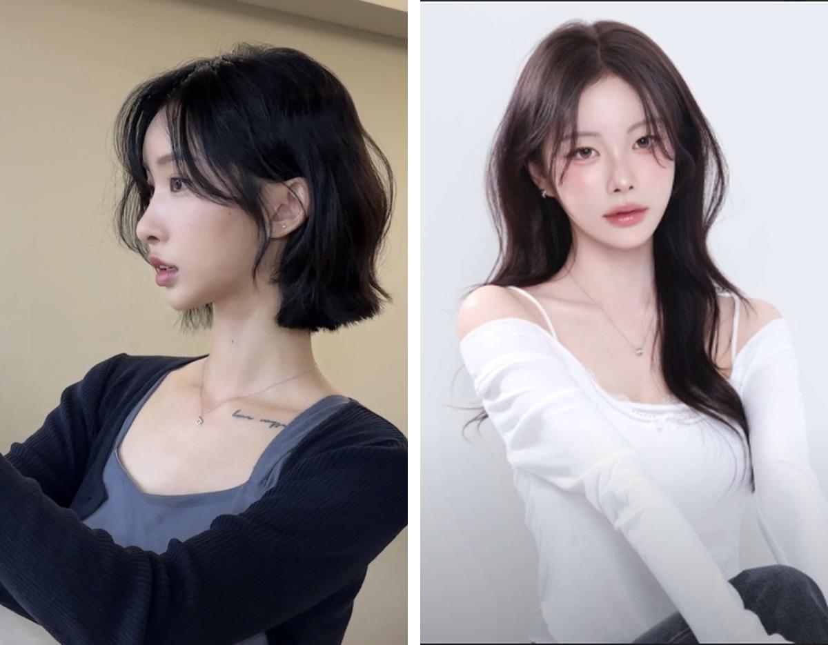 split comparison of two women's hairstyles at AM:TON Hapjeong Branch — left short textured bob in dark hair, right long soft waves in dark brown