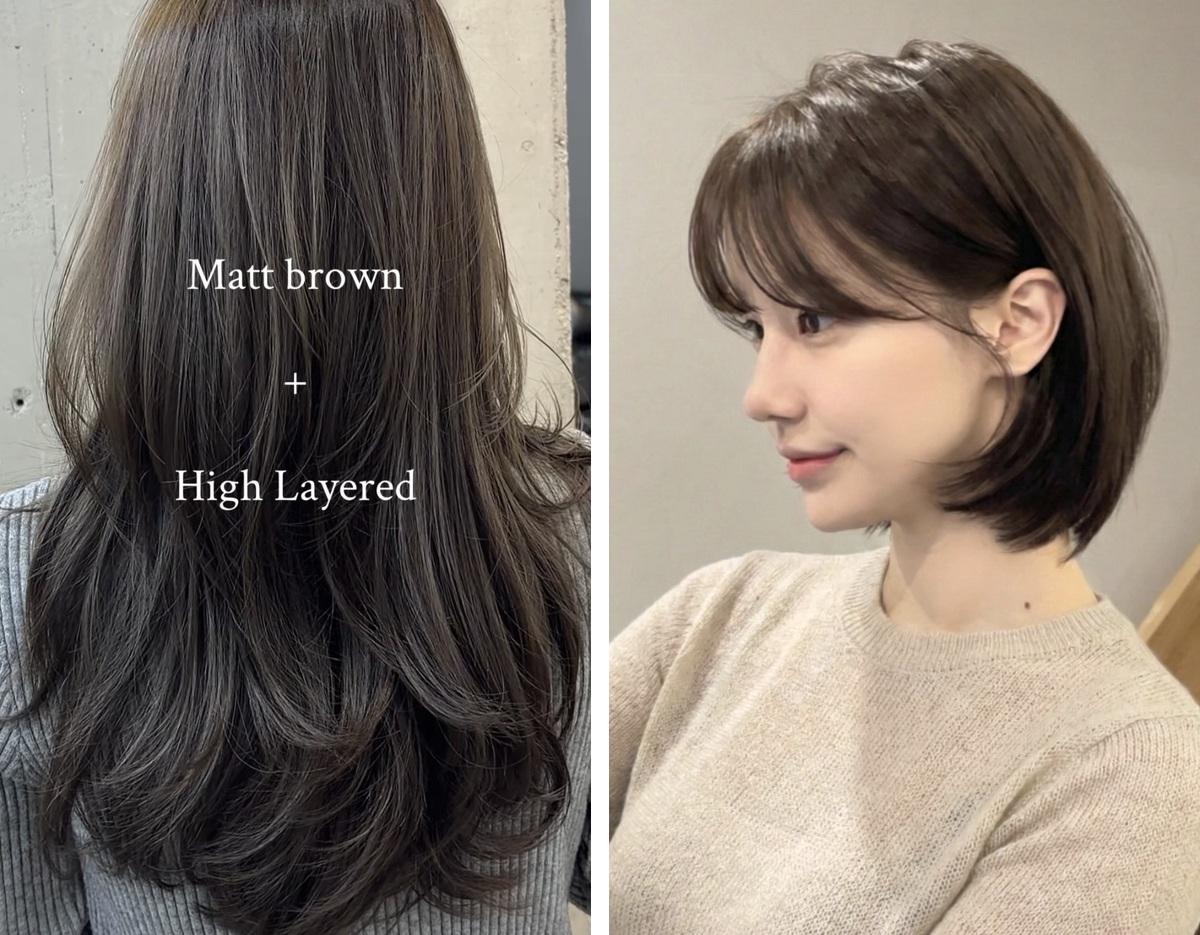 Left: long matt brown high-layered haircut; Right: short bob with soft bangs on woman in beige sweater.