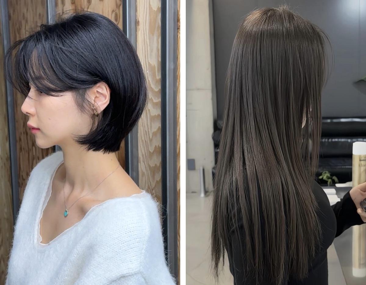 side-by-side salon styles at AM:TON Hapjeong: sleek short bob with tucked-under ends and long straight ash-brown hair with subtle layers