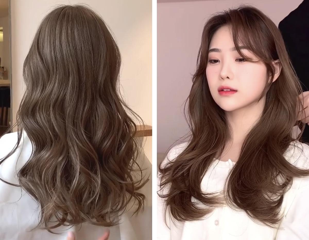 AM:TON Hapjeong Branch long, layered light brown hair with soft waves and face-framed curtain bangs, salon styling from front and back views