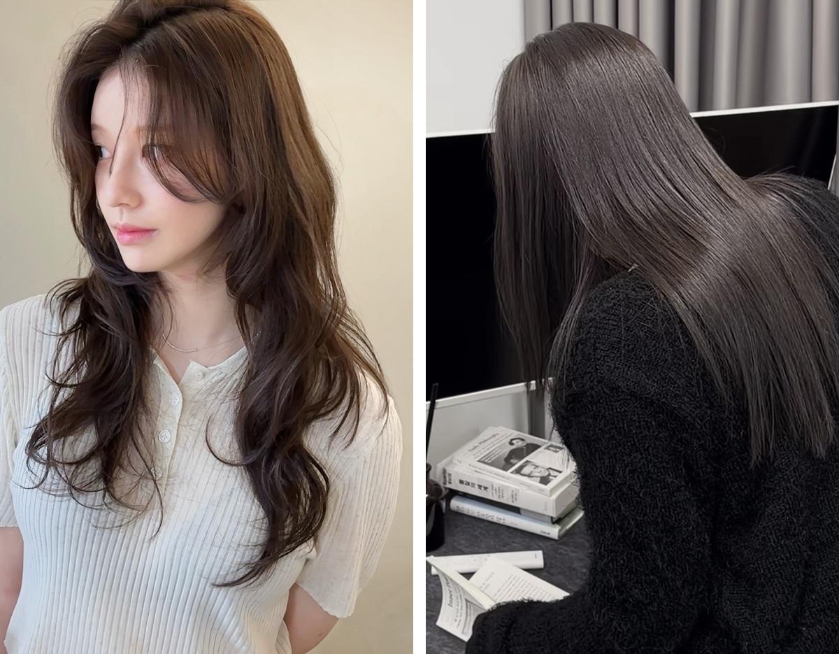 AM:TON Hapjeong Branch salon before-and-after: left layered shoulder-length brown waves, right sleek long straight dark gray hair over a black sweater