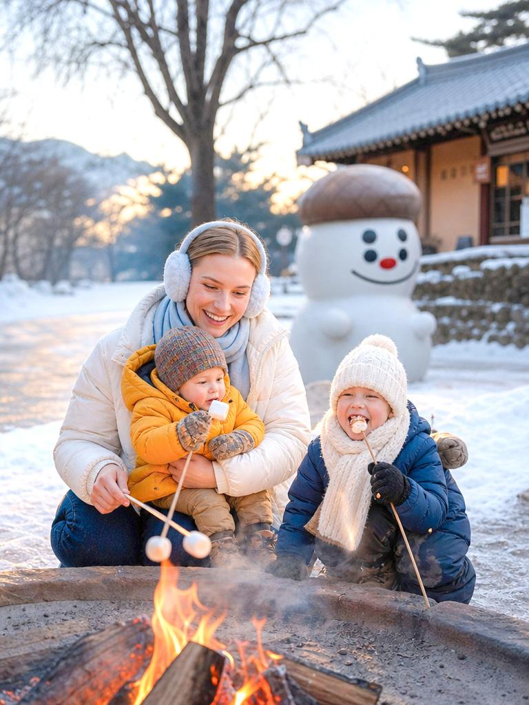 Mother and two children roasting marshmallows over a campfire at Eobi Ice Valley winter scene, snow and snowman nearby