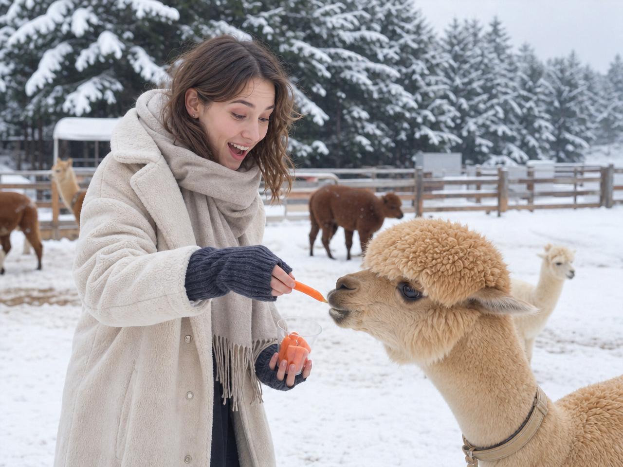 Woman in winter coat feeding a light brown alpaca a carrot in a snowy paddock with alpacas and pine trees behind