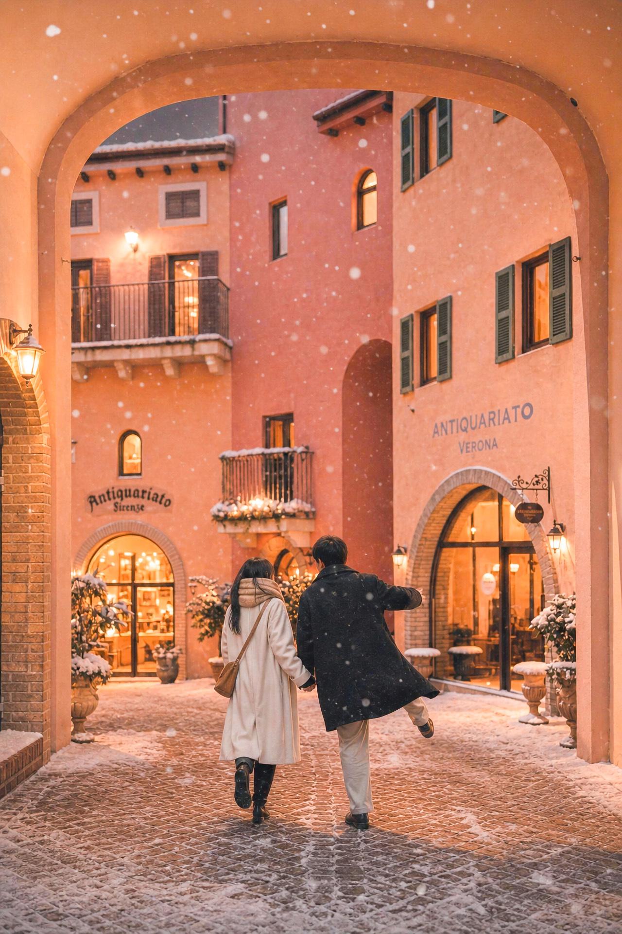 Couple holding hands walking through a snow-dusted Italian-style courtyard at Gapyeong Eobi Ice Valley tour.