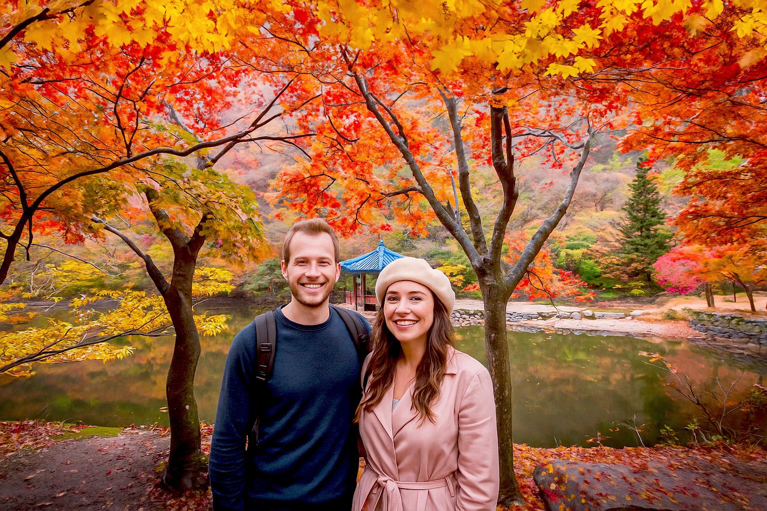 Couple smiling by a pond under vibrant red, orange and yellow maple trees at Naejangsan during autumn foliage