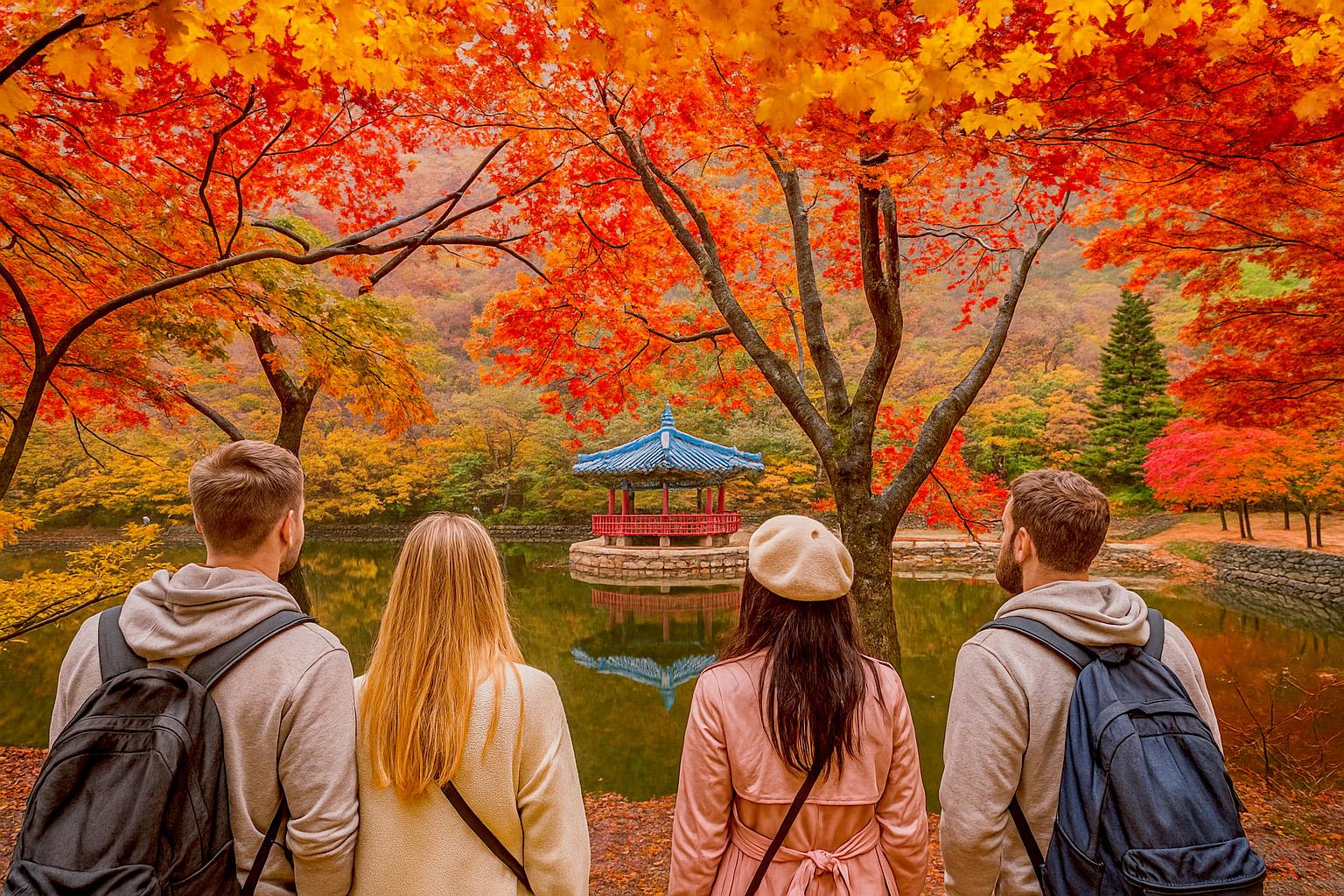 Four visitors stand under vivid red-orange maple trees overlooking a pond with a blue-roofed Korean pavilion at Naejangsan.