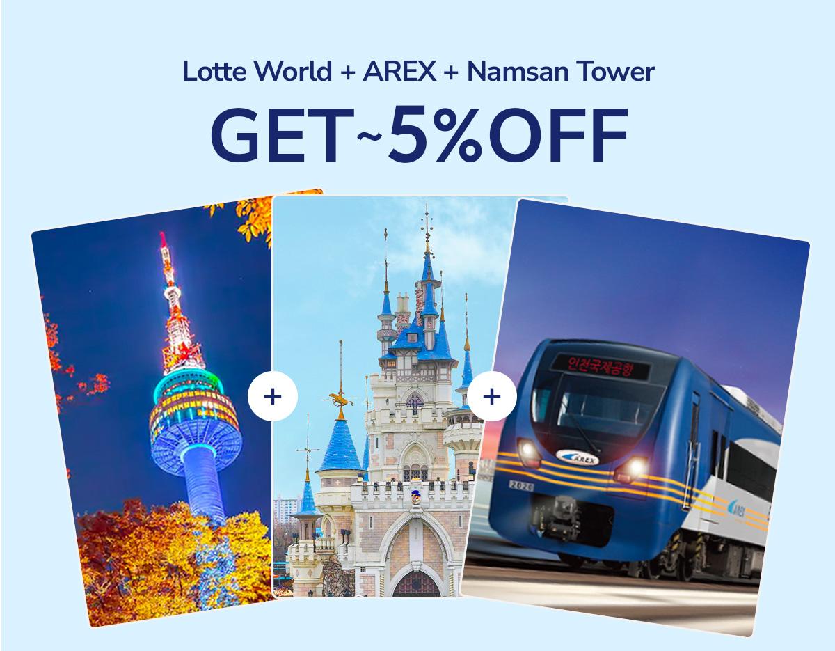 Airport Express Train AREX  + N Seoul Tower Observatory Admission Ticket + Lotte World Full Day Pass