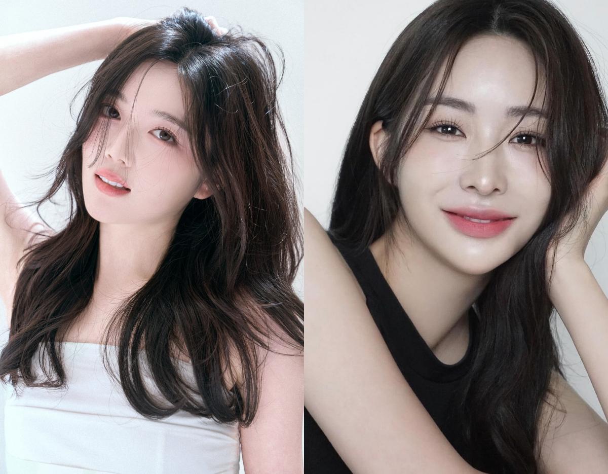 two women with long, dark, softly layered hair showing natural, camera-ready salon styling against a neutral background