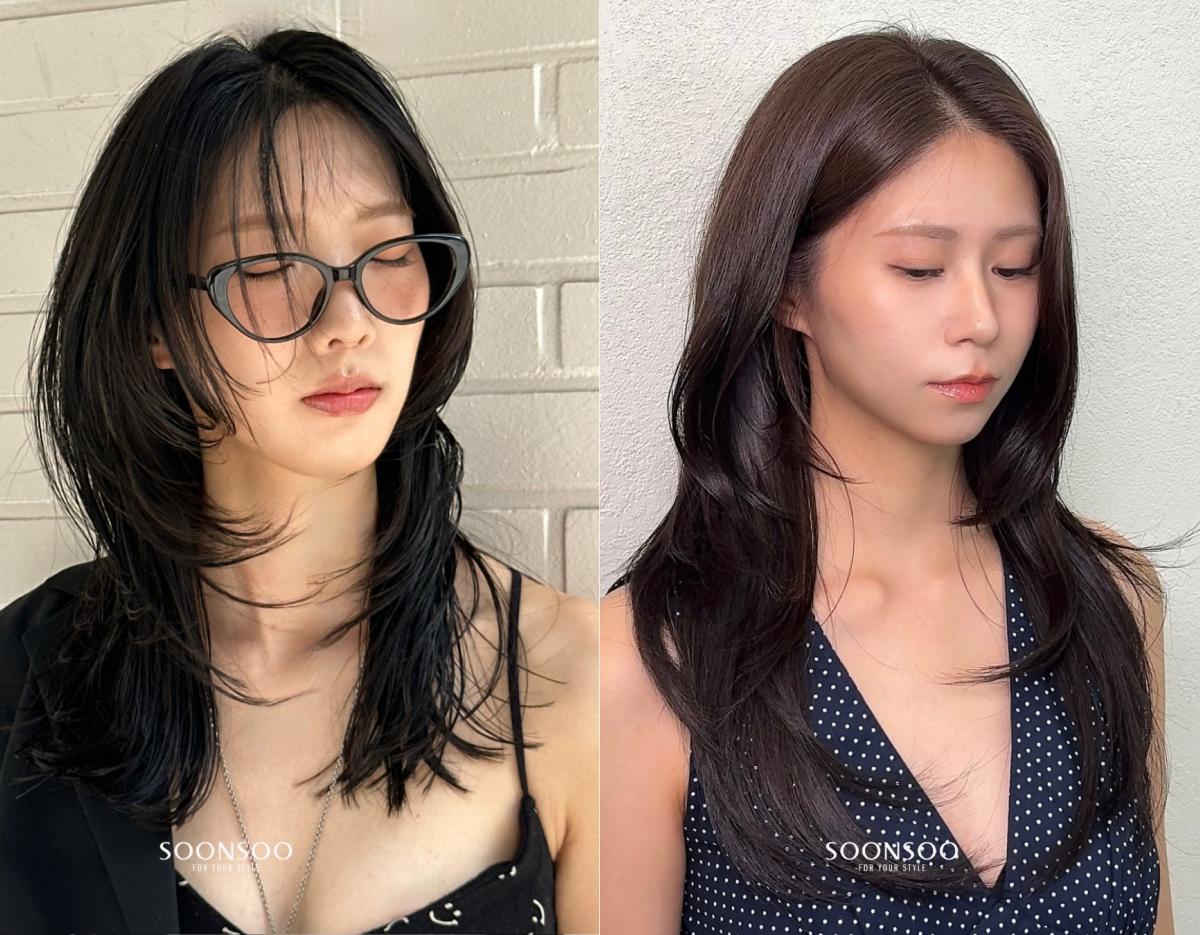 split before-and-after photo showing layered medium-length dark hair with face blurred, salon watermark "SOONSOO" visible
