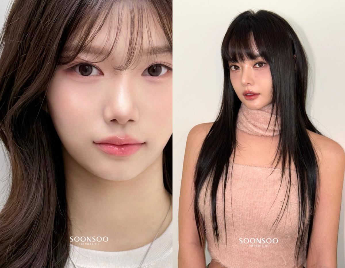 split before-and-after salon styling: close-up of soft wavy brown hair with curtain bangs and full-length straight black hair on model