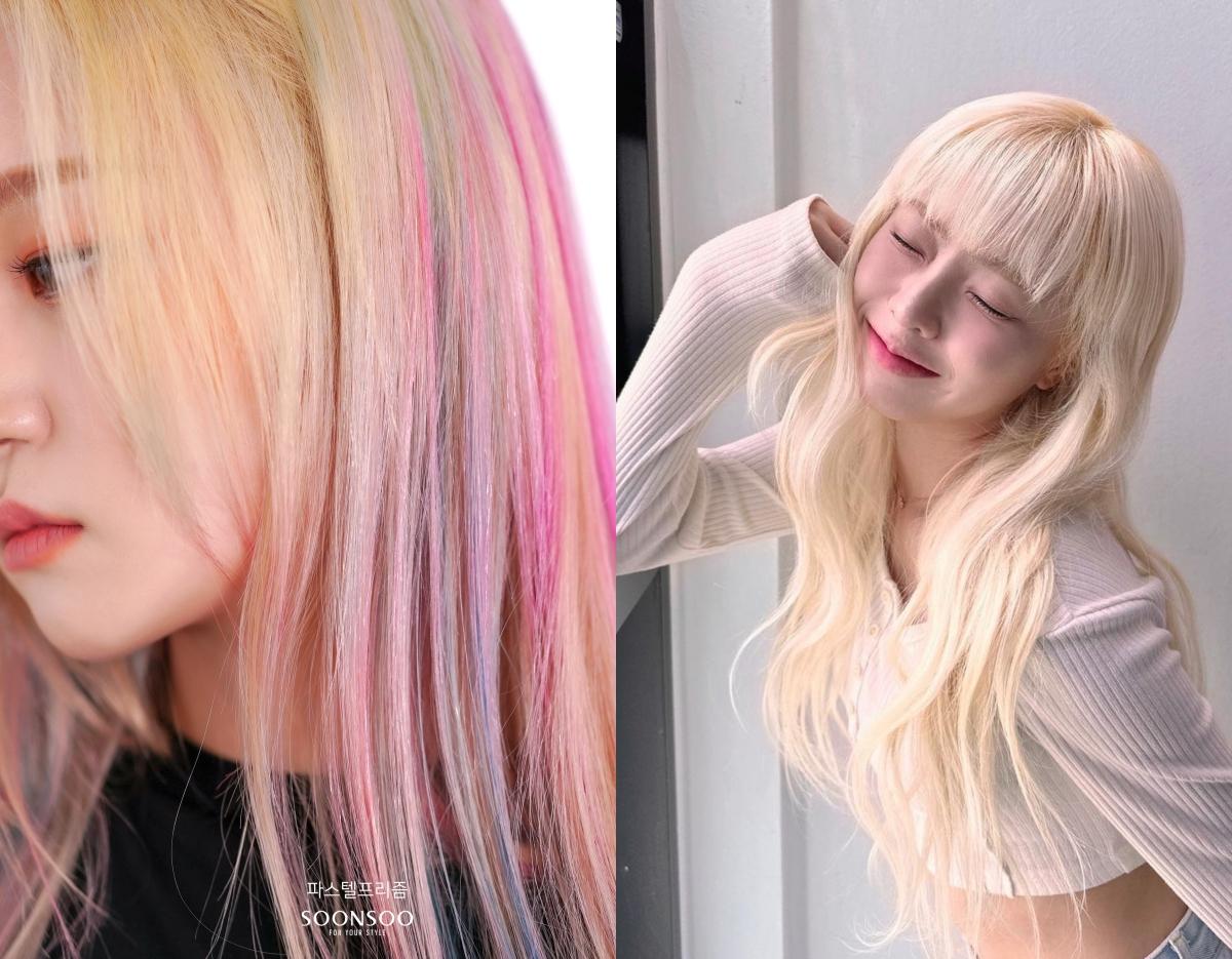 split image showing pastel rainbow-streaked straight blonde hair on left and long wavy platinum blonde hair on right