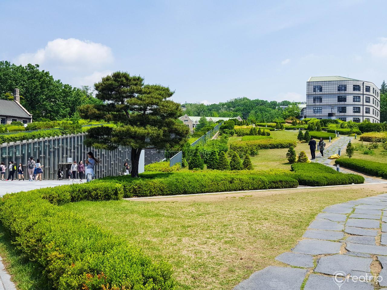 Natural landscape with building, trees, and vegetation at Ewha Womans University, Korea.