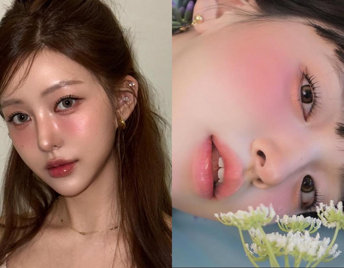 Young woman with glossy natural K-beauty makeup: dewy skin, soft contour, rosy blush, defined eyes and loose brown hair.