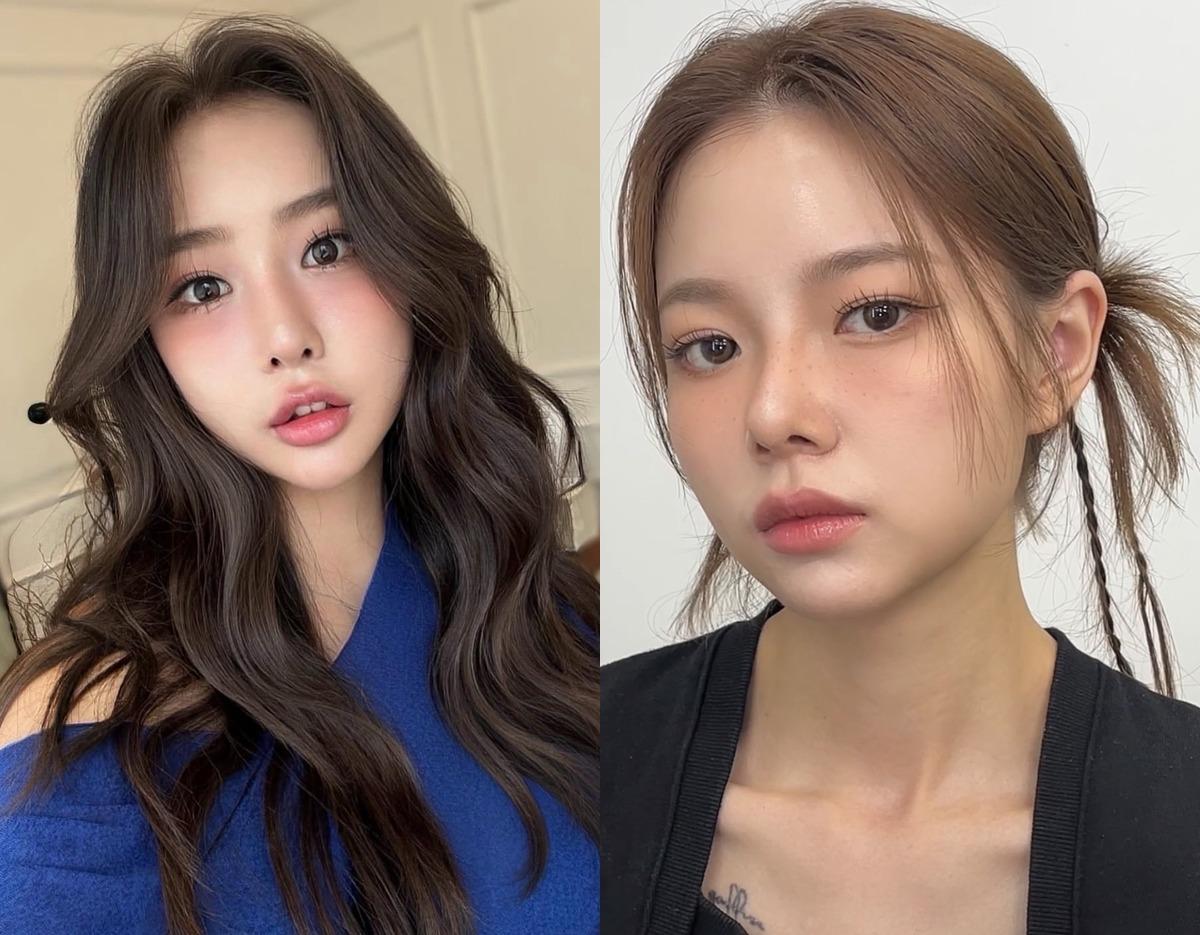 Left: long, dark wavy styled hair with soft layers over a blue top; right: light brown hair pulled back with small twisted braids.