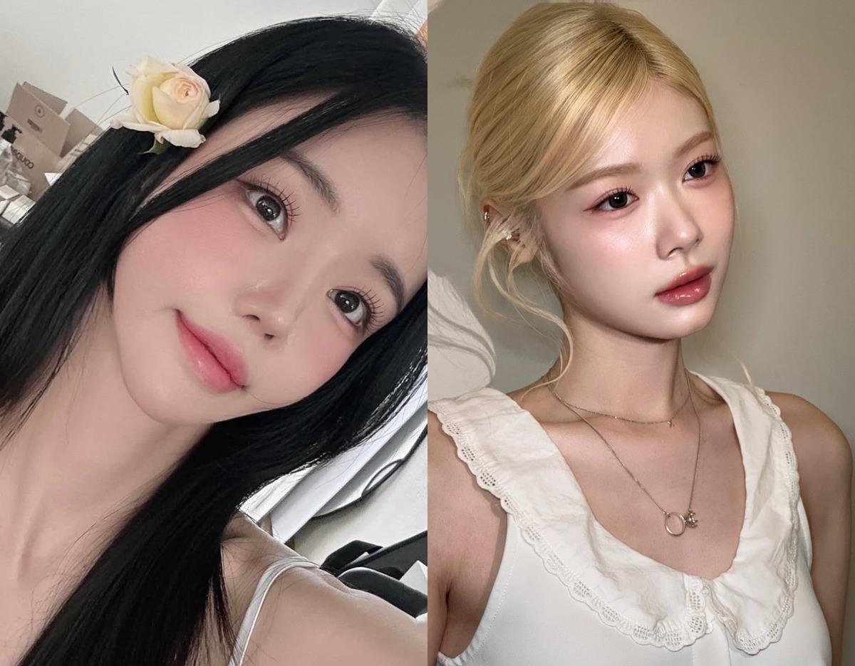 split image showing two women with blurred faces: left with long black hair and white rose hair clip, right with short blonde hair and white ruffled-collar top, minimal jewelry